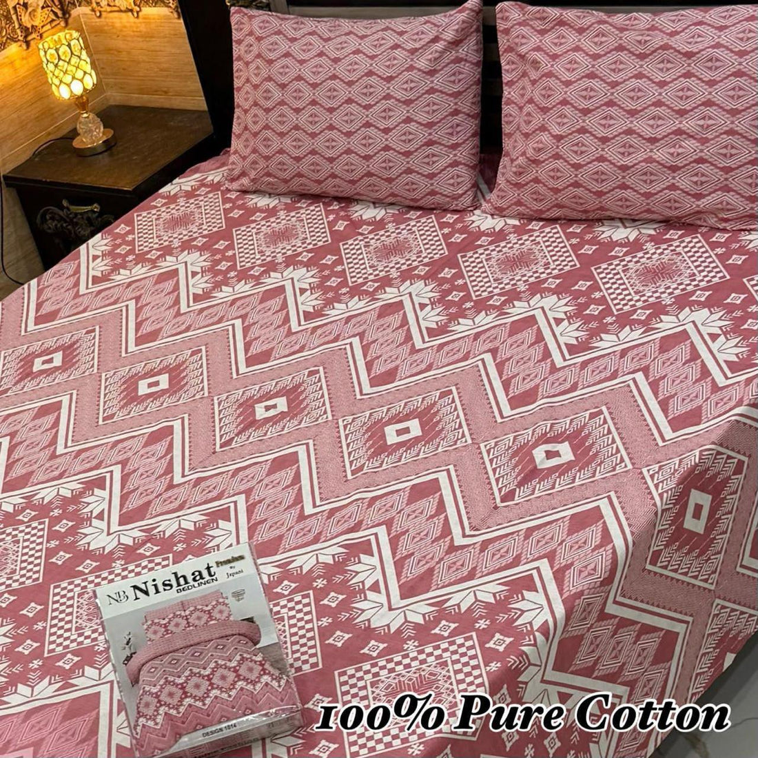 Pink Leaf Print Nishat Premium Cotton Bed Sheet