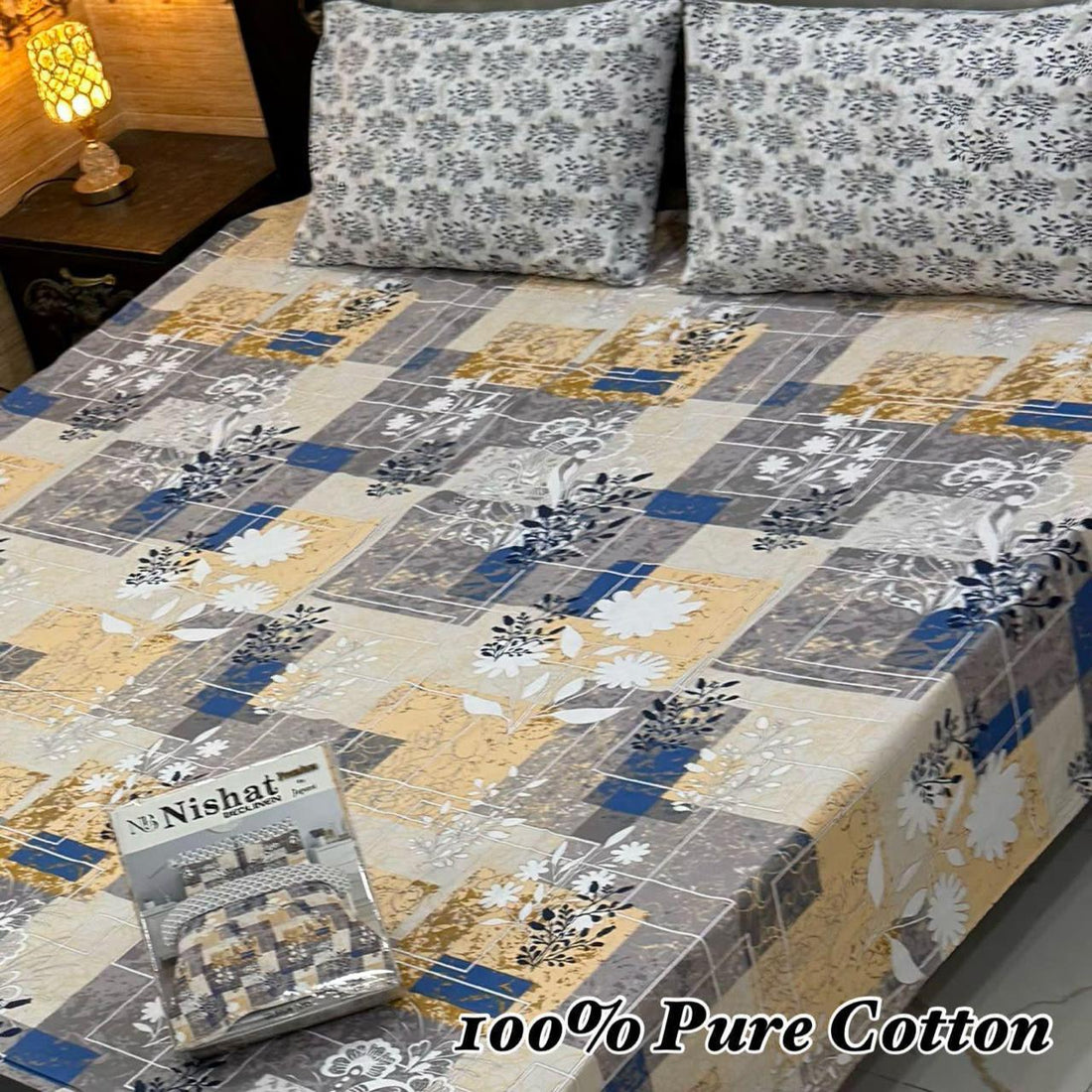 Navy Floral Gul Ahmad Premium Cotton Bed Sheet