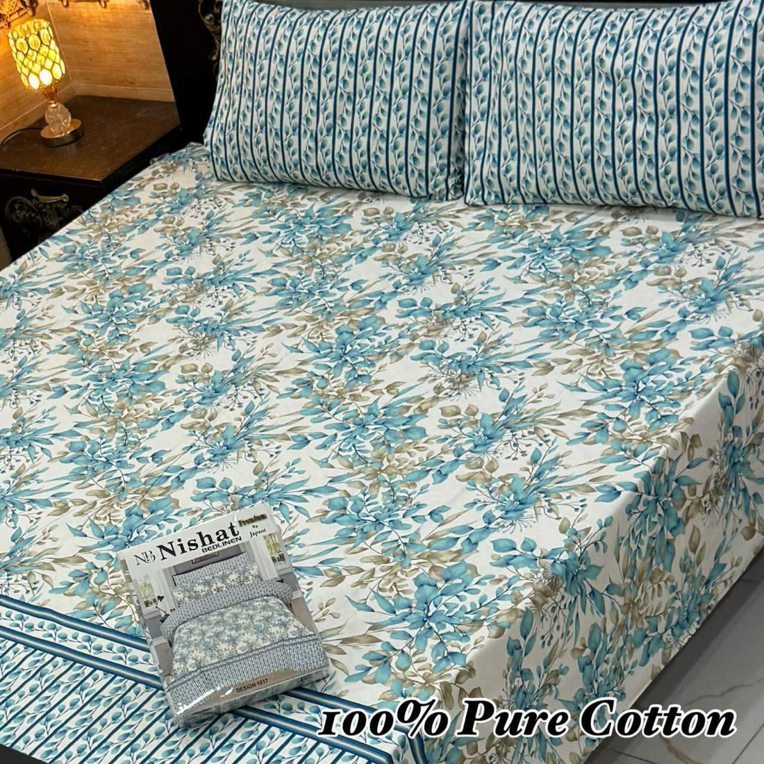 Striped Floral nishatPremium Cotton Bed Sheet