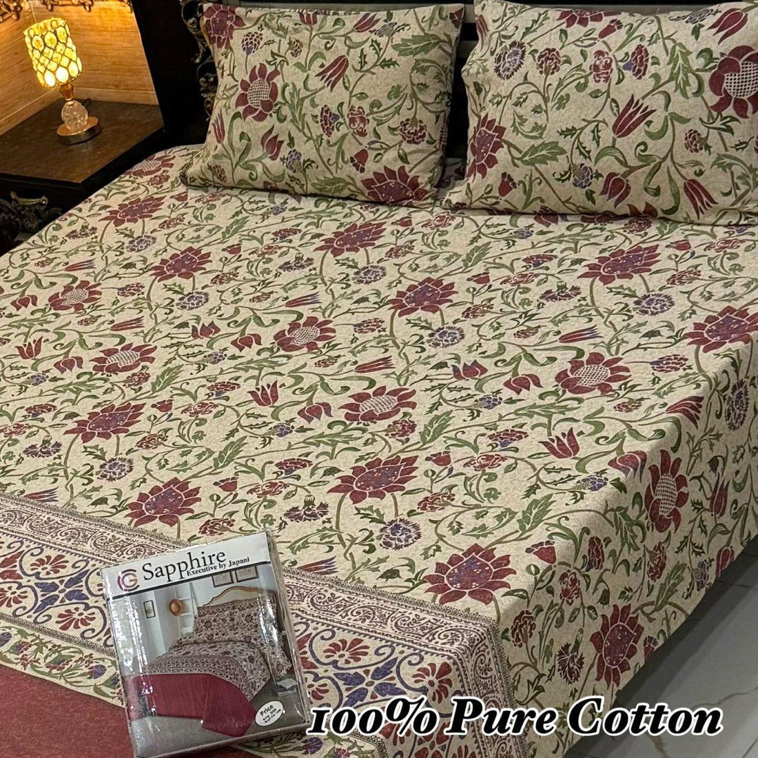 Earthy Leaf &amp; Stripe Premium Cotton Bed Sheet