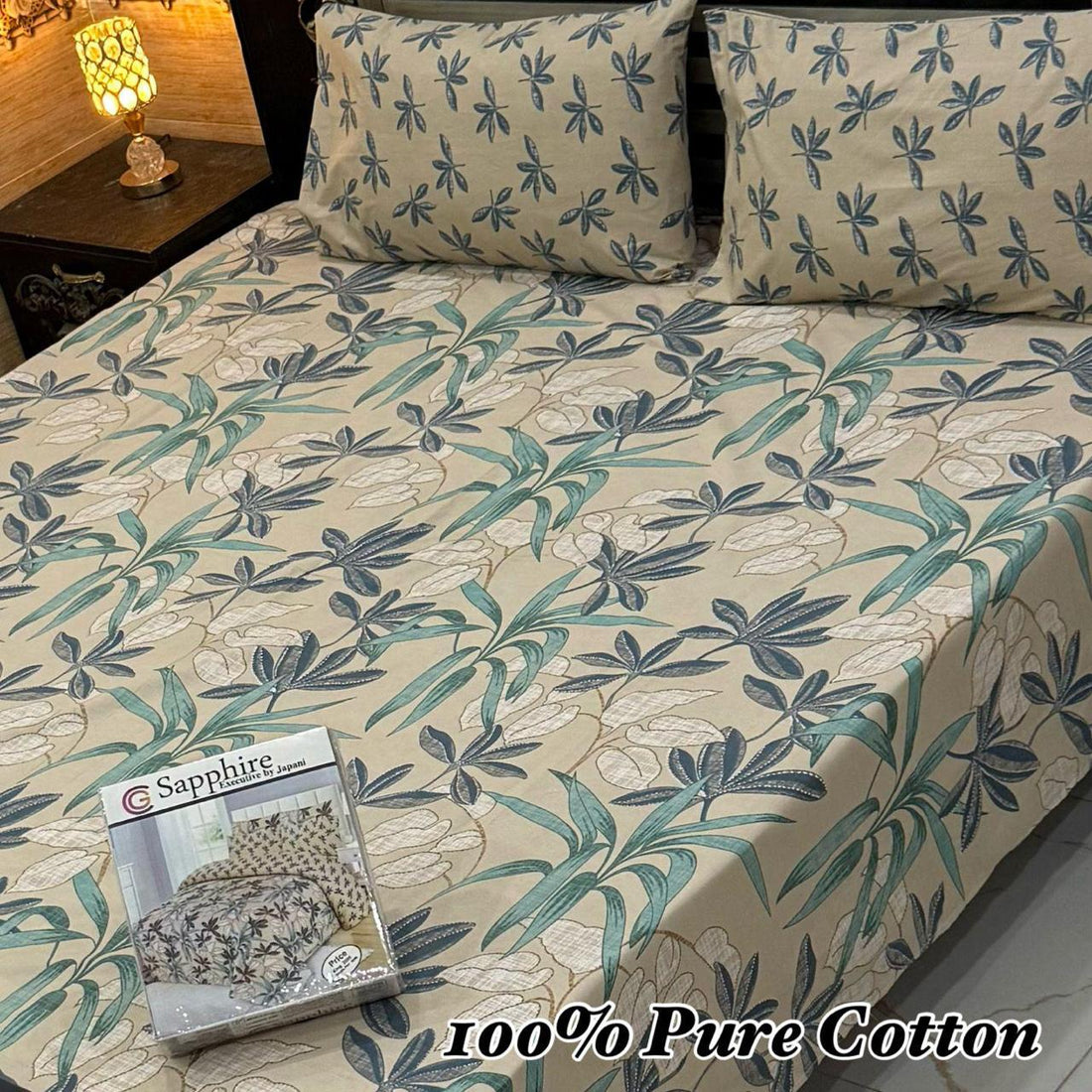 Sapphire Earthy Leaf Print Premium Cotton Bed Sheet