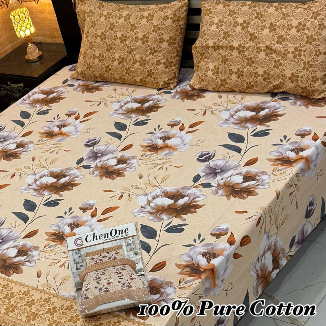Peach Floral Print Premium Cotton Bed Sheet
