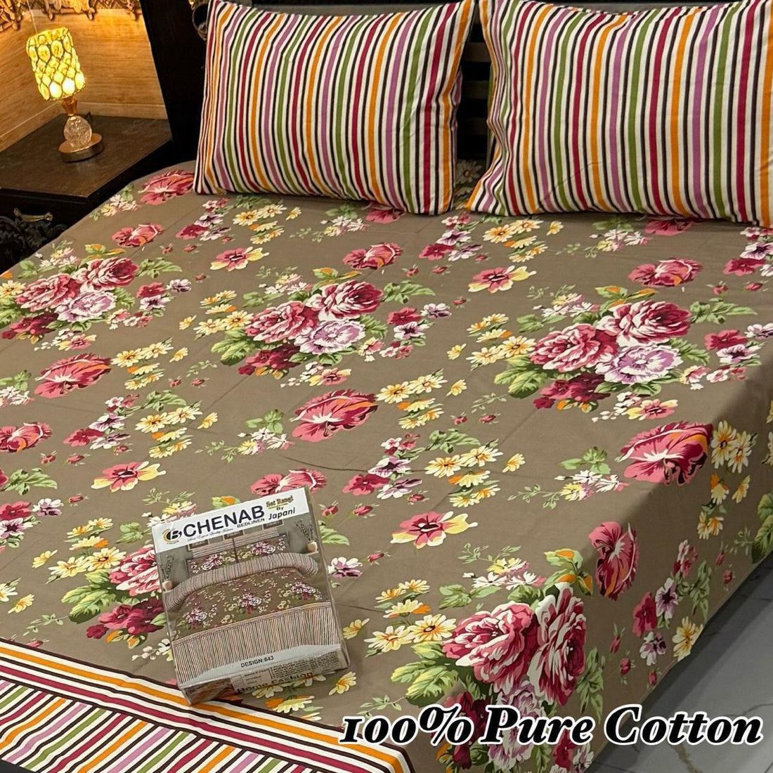 Beige Floral Print Premium Cotton Bed Sheet