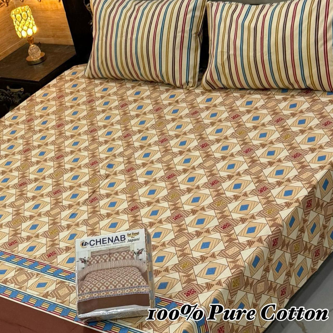 Alkaram Sage Floral Stripe Premium Cotton Bed Sheet