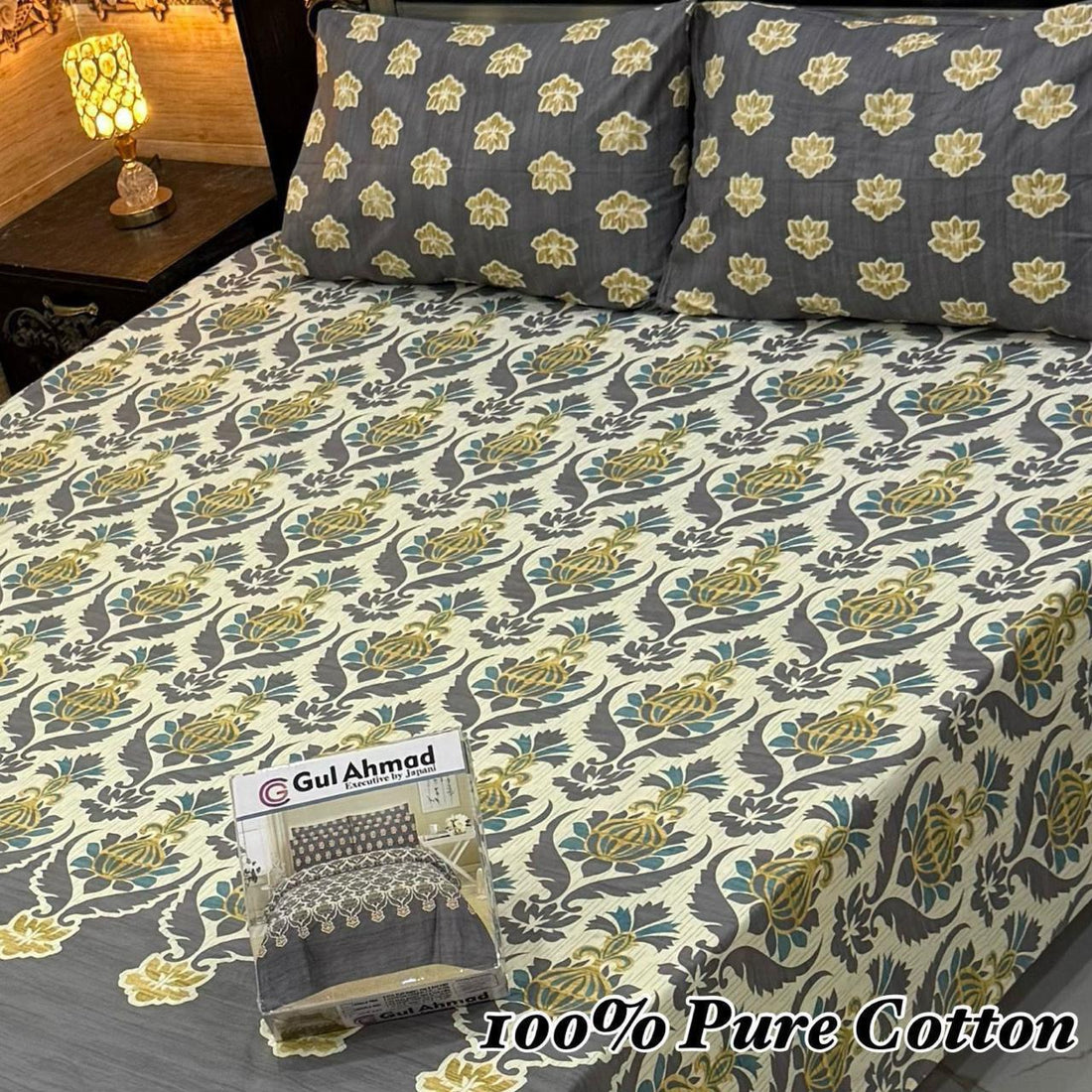 Alkaram Brown Floral &amp; Chevron Premium Cotton Bed Sheet
