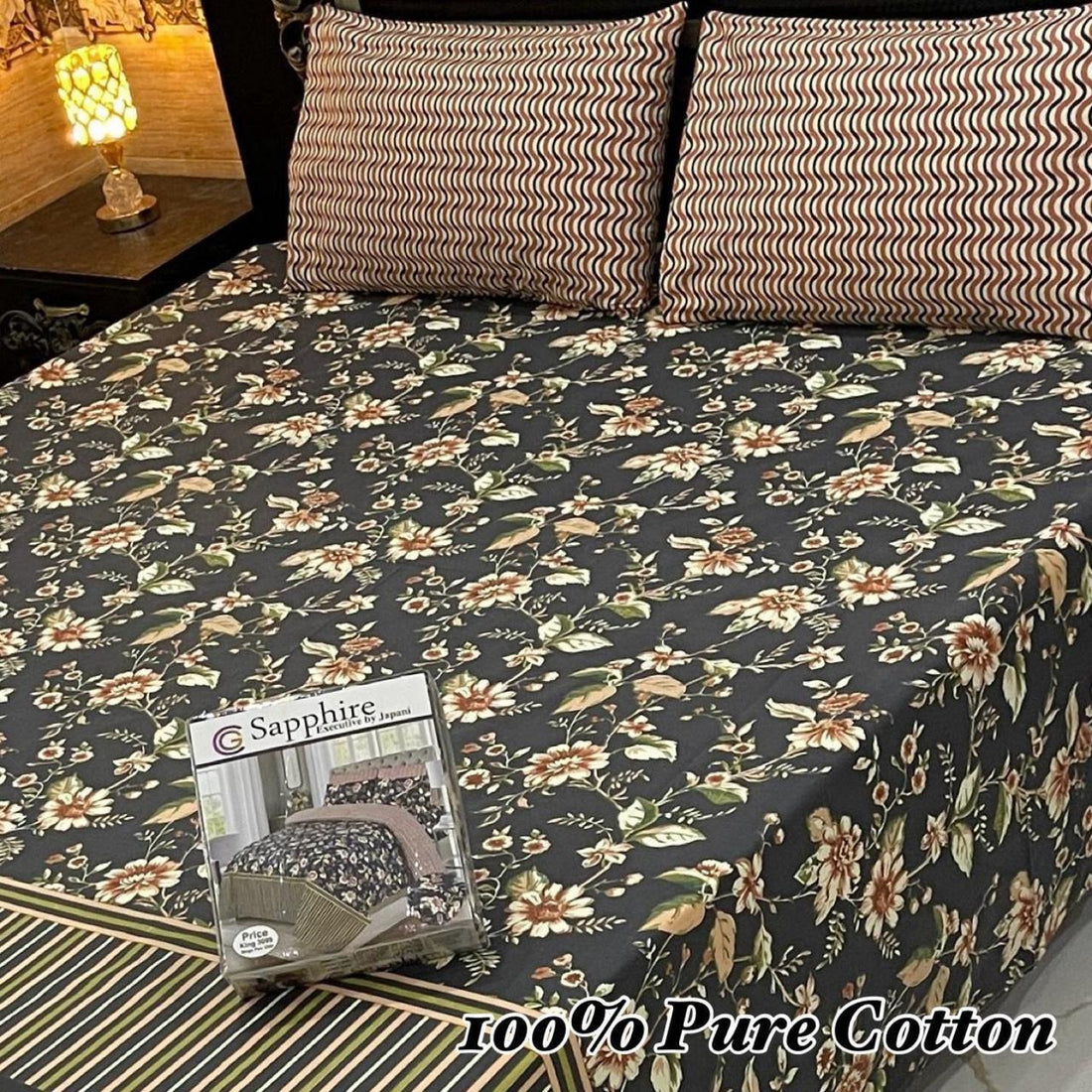 Sapphire Floral &amp; Chevron Premium Cotton Bed Sheet