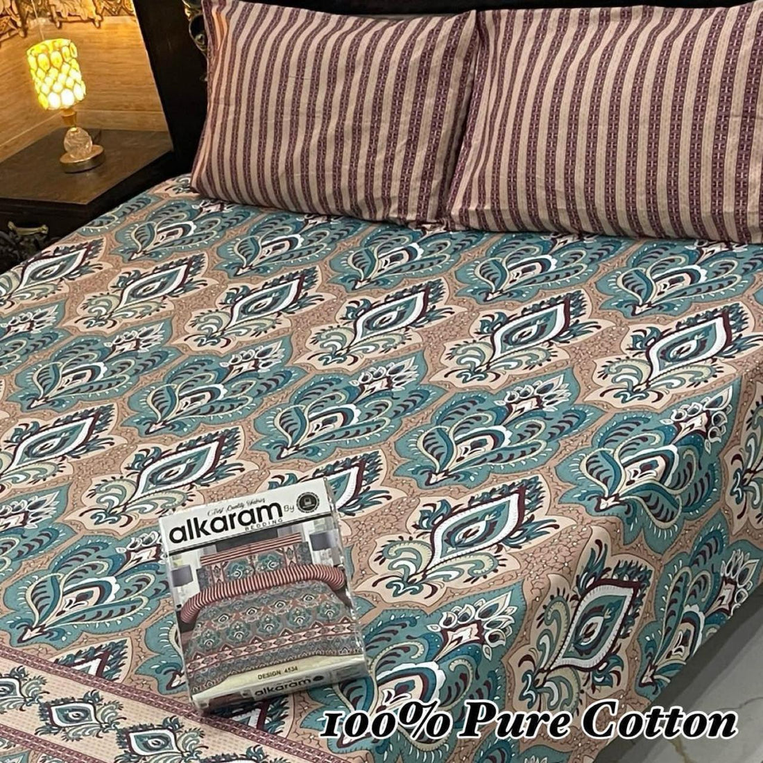 Cream Floral &amp; Striped Premium Cotton Bed Sheet