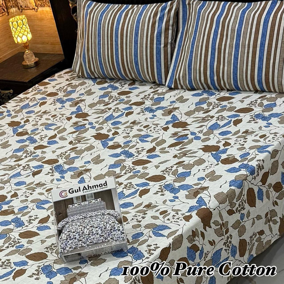 Coral Pink Leaf Print Premium Cotton Bed Sheet with Striped Pillow Covers