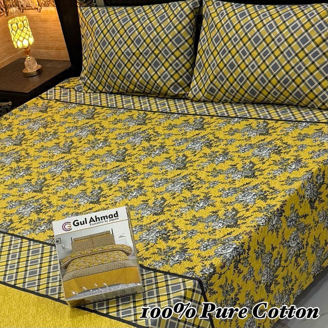 Teal &amp; Yellow Floral Geometric Premium Cotton Bed Sheet