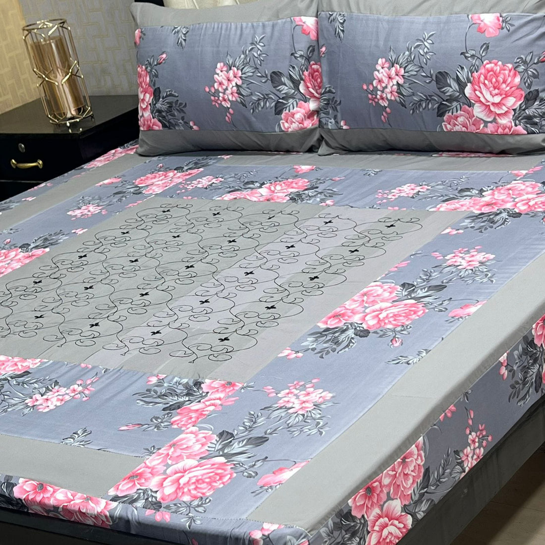 Elegant Grey &amp; Floral Embroidered Patchwork Bedsheet Set