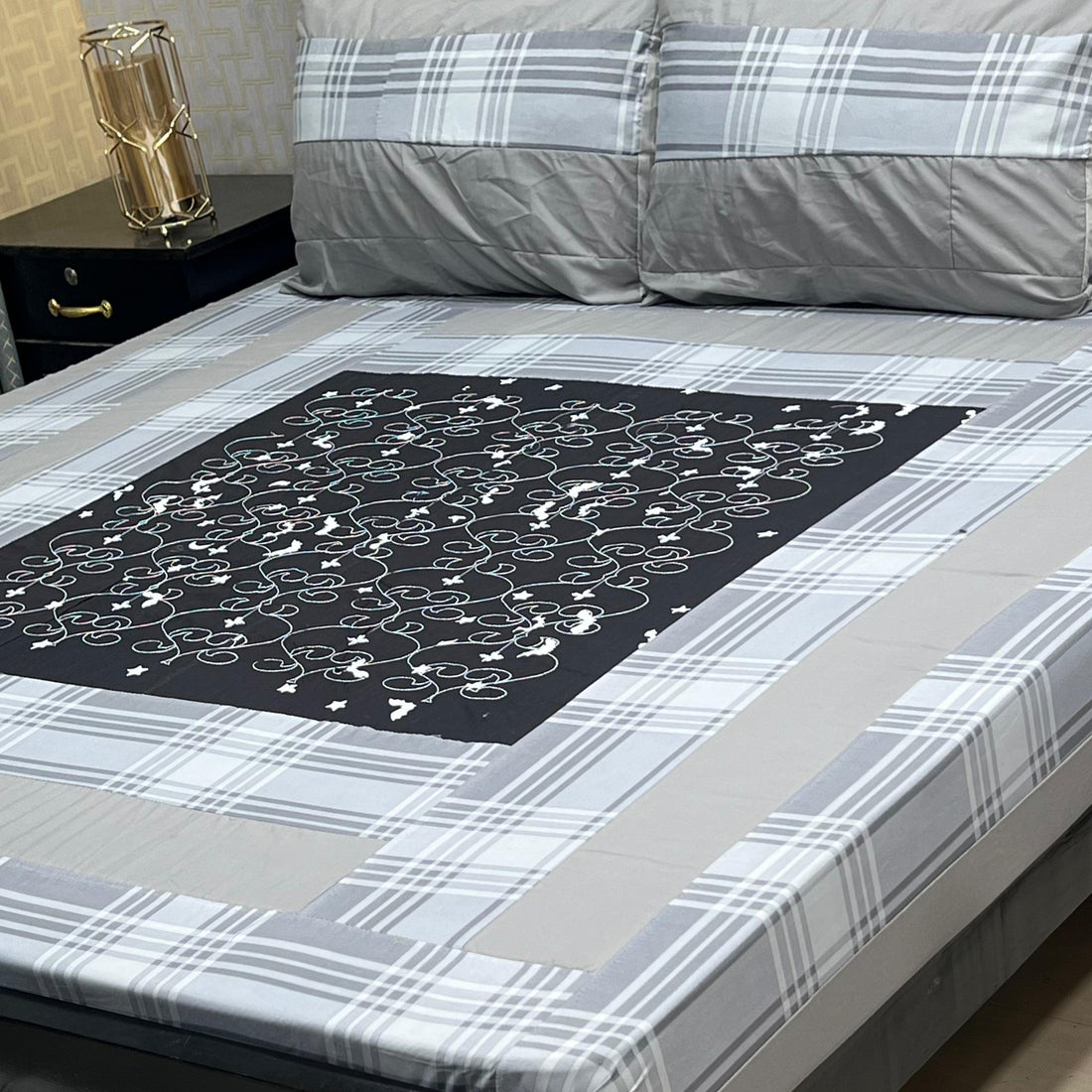 Greenish Stripes Embroidered Patchwork Bedsheet Set - Fashion Home Store