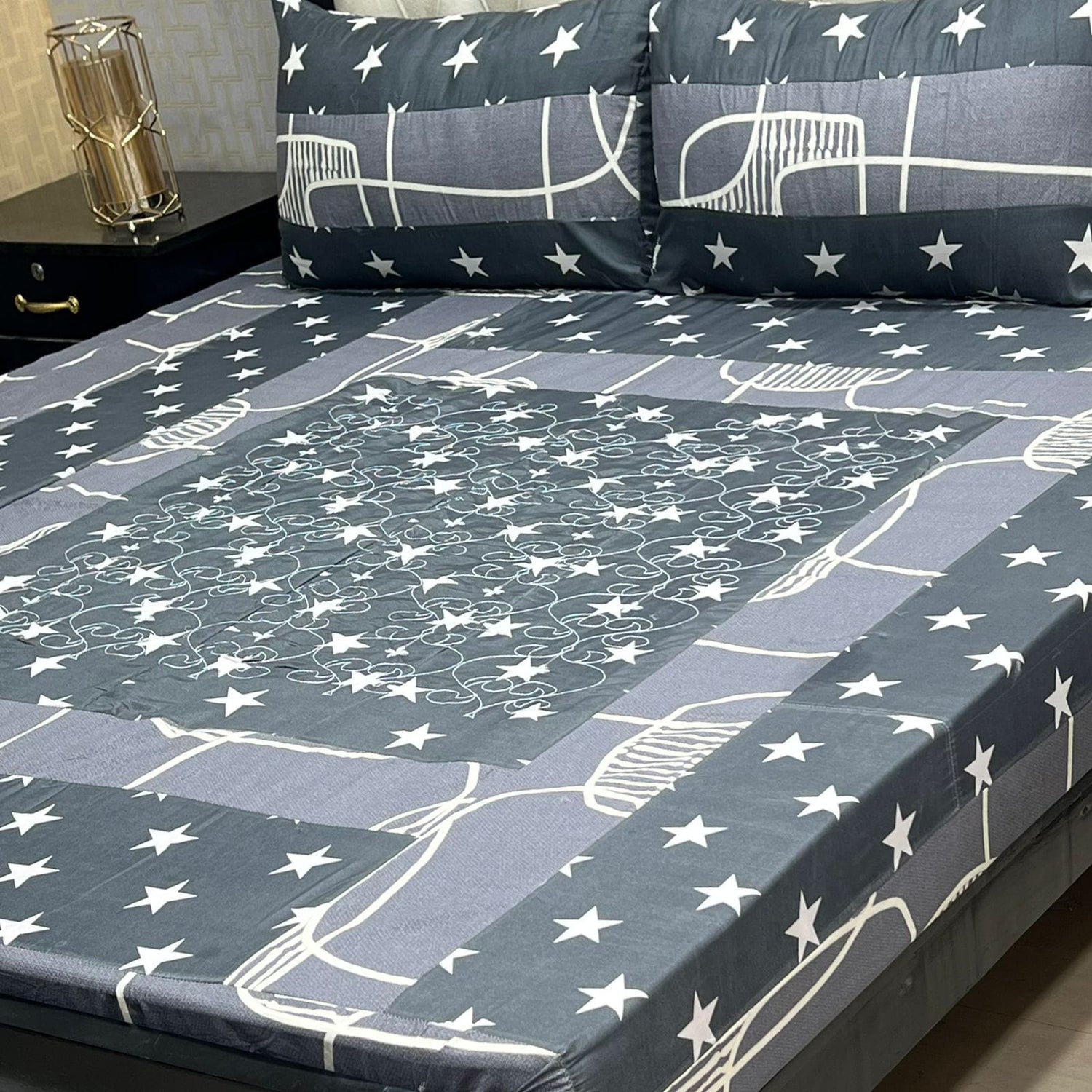 Black Embroidered Patchwork Bedsheet Set