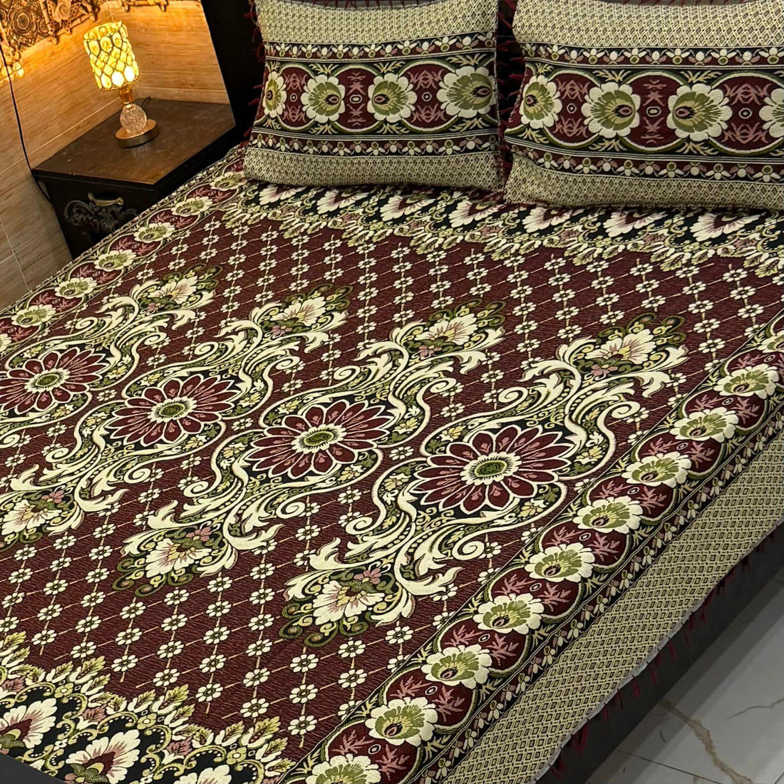 Classic Brown Multani Block Print Bedsheet – Jacquard King Size Set