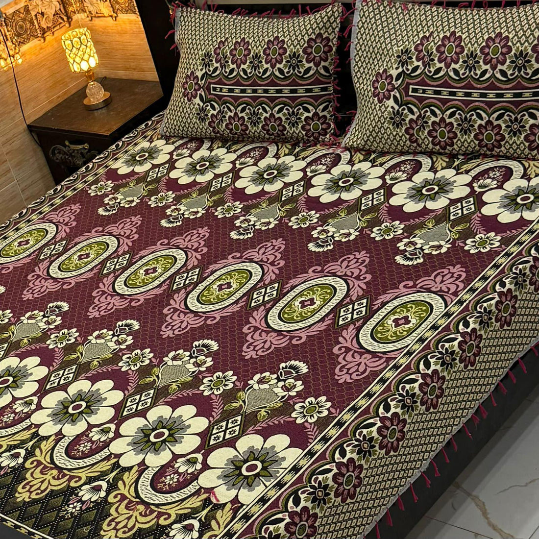 Royal Brown Multani Jacquard Bedsheet – Traditional Floral Elegance