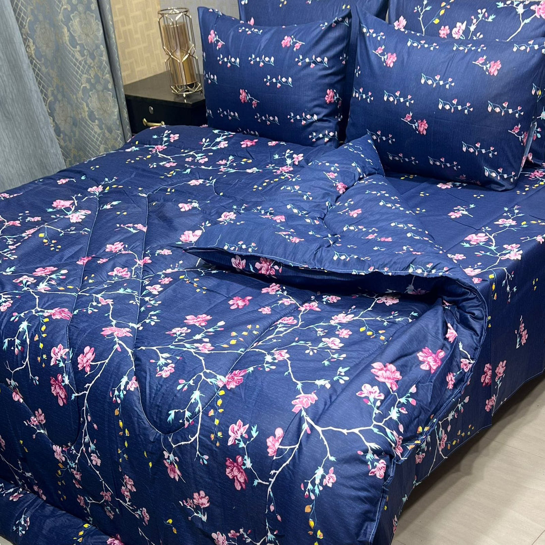 Blue  Floral Green &amp; Gold – 6PC Comforter Set (Vicky Razai Set)