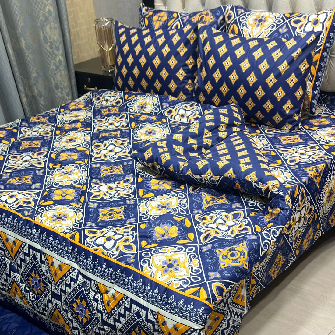 6PC Comforter Set (Vicky Razai Set) – Mustard Yellow Mix Cotton Bedding