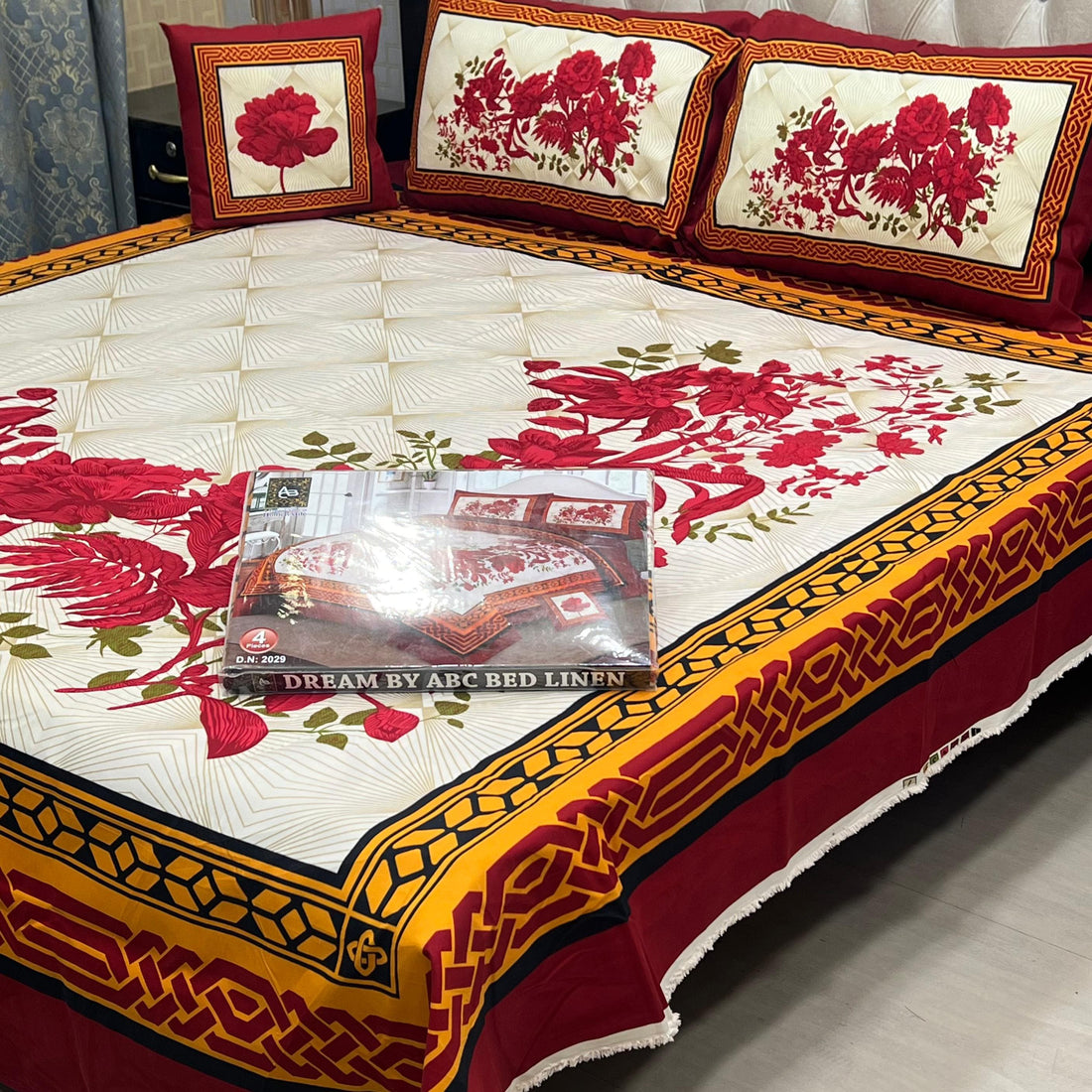 Floral 4-Piece 3D Floral Bed Sheet Set – Red &amp; Gold Elegance