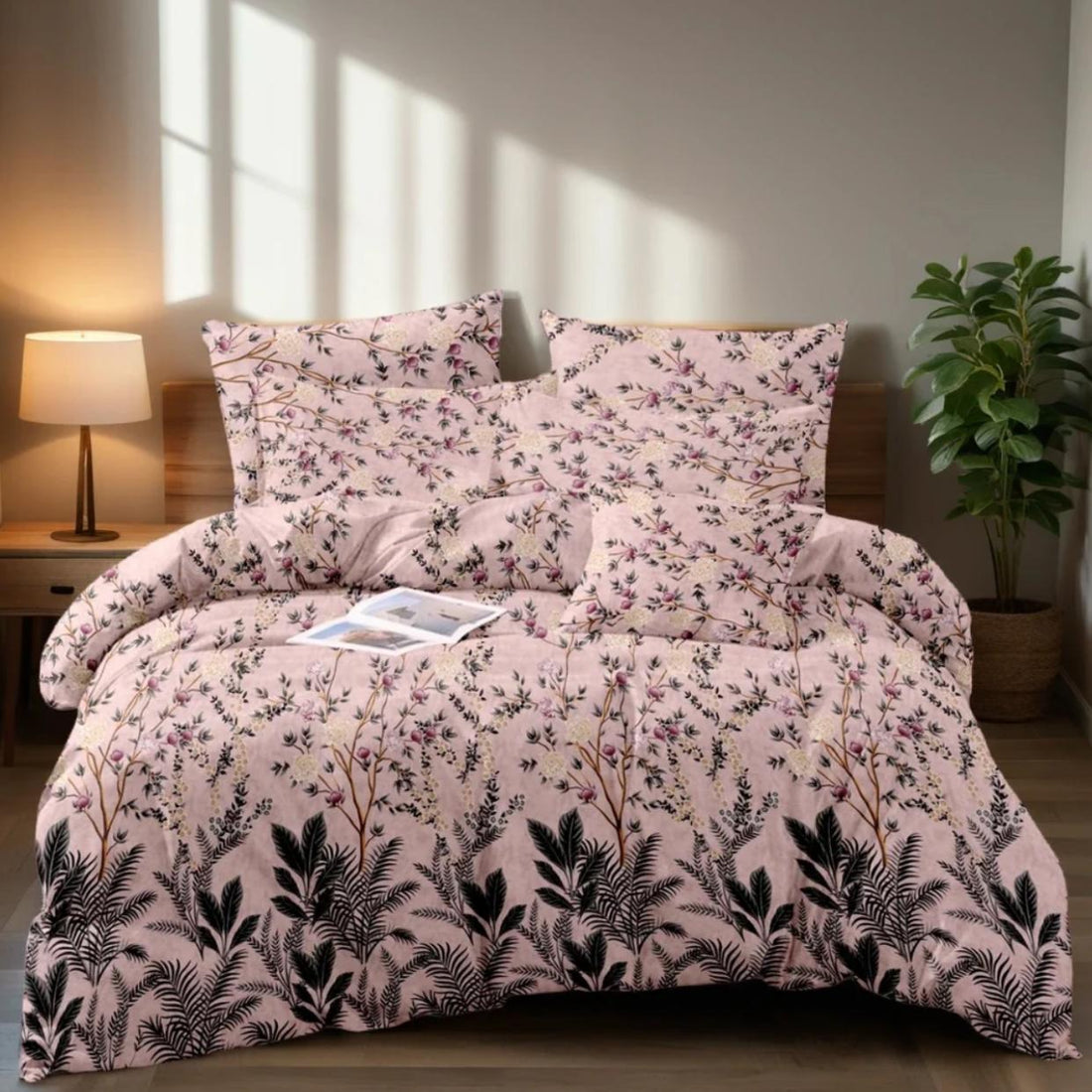 Baroque black &amp; Pink Floral Bedding – 7PC Summer Comforter Set