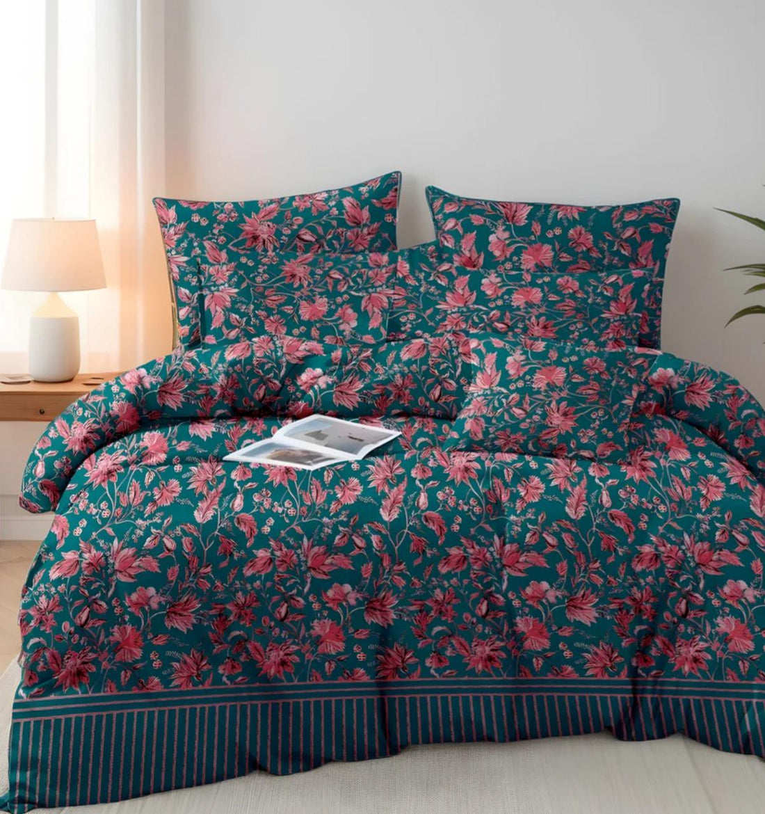 Rose Bloom  Floral  King Size Comforter Set - 7PC Summer Comforter Set