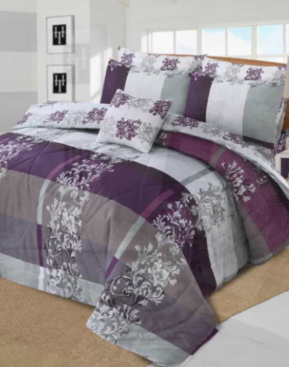 Elegant Purple &amp; Grey Checkered Bedding - 7PC Summer Comforter Set
