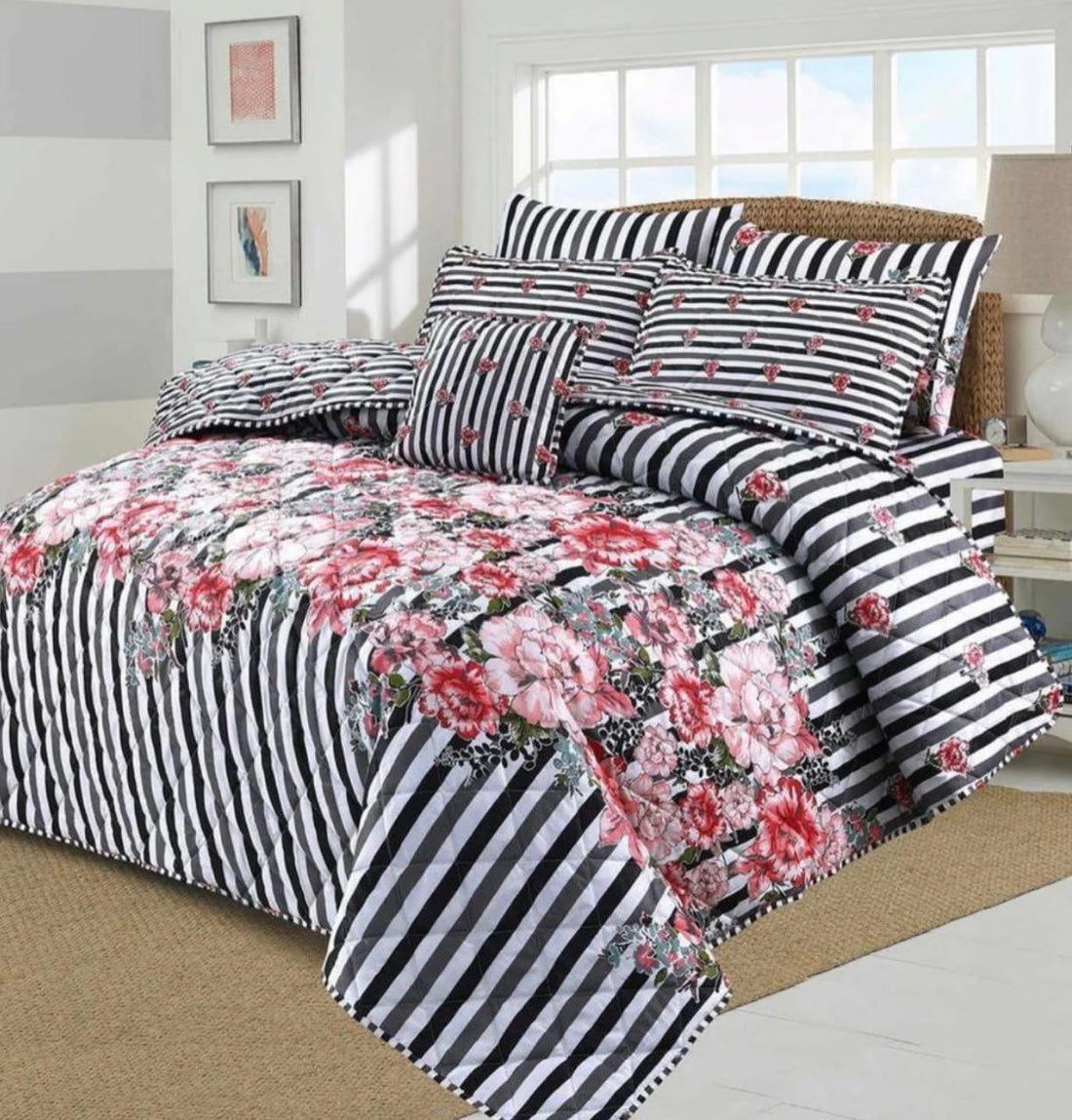 Bold Bloom Stripes Comforter Set - 7PC Summer Comforter Set