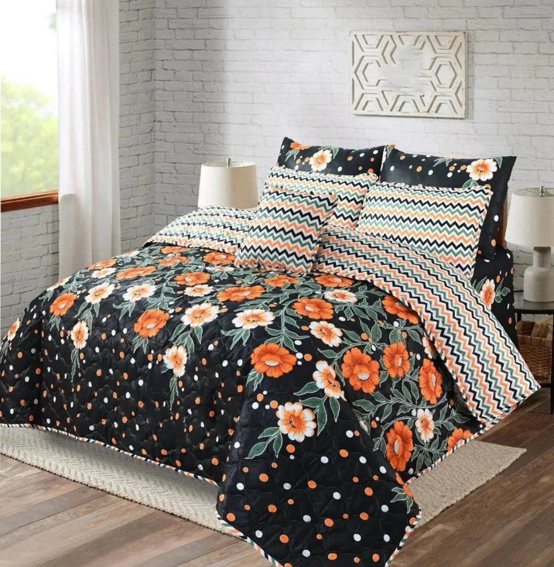Bold Black with Orange &amp; White Floral Bedding - 7PC Summer Comforter Set
