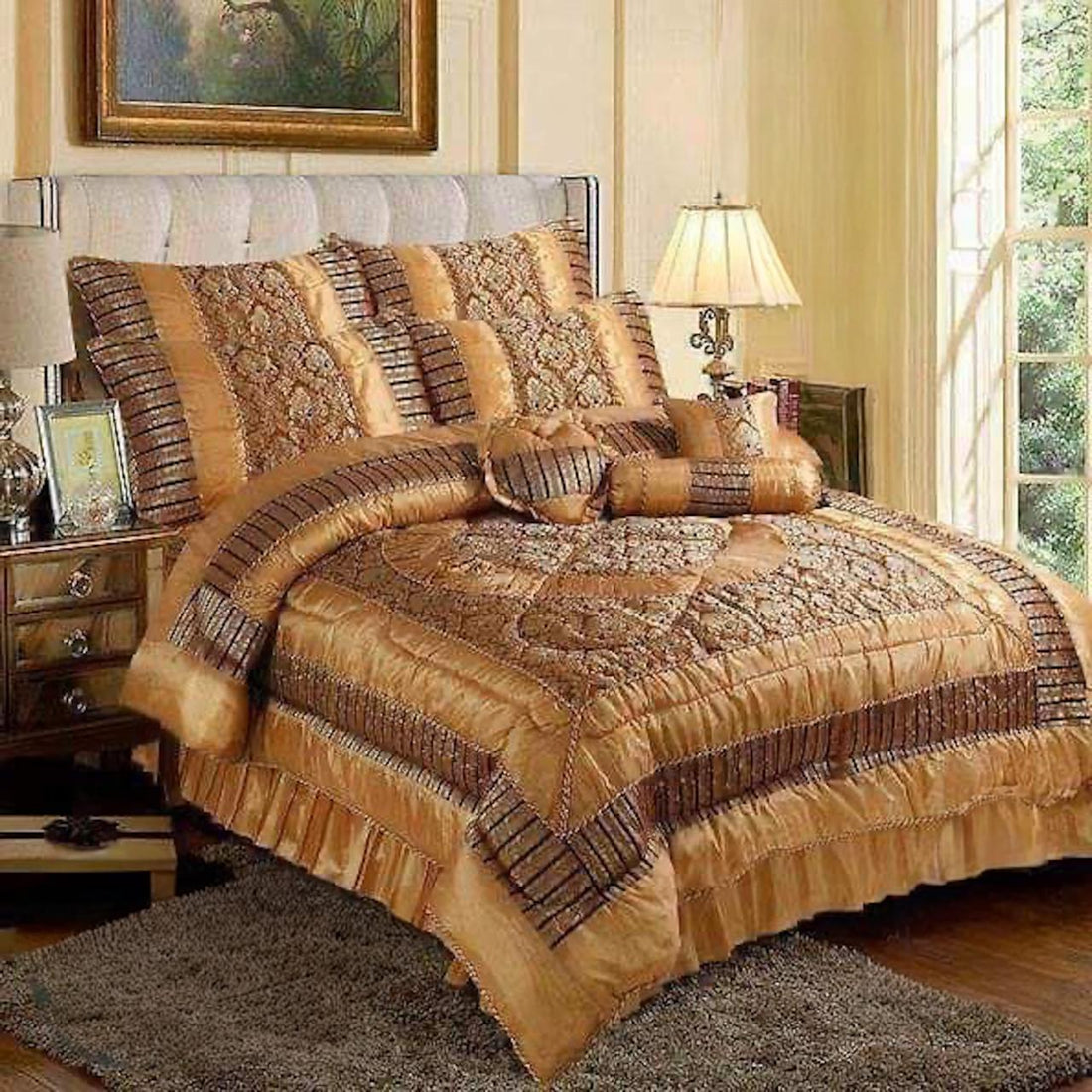 14PC SILK JACQUARD BRIDAL BED SET – BLUE &amp; SILVER