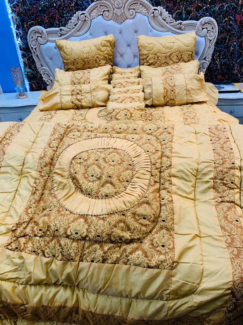 14PC SILK JACQUARD BRIDAL BED SET – BLUE &amp; SILVER