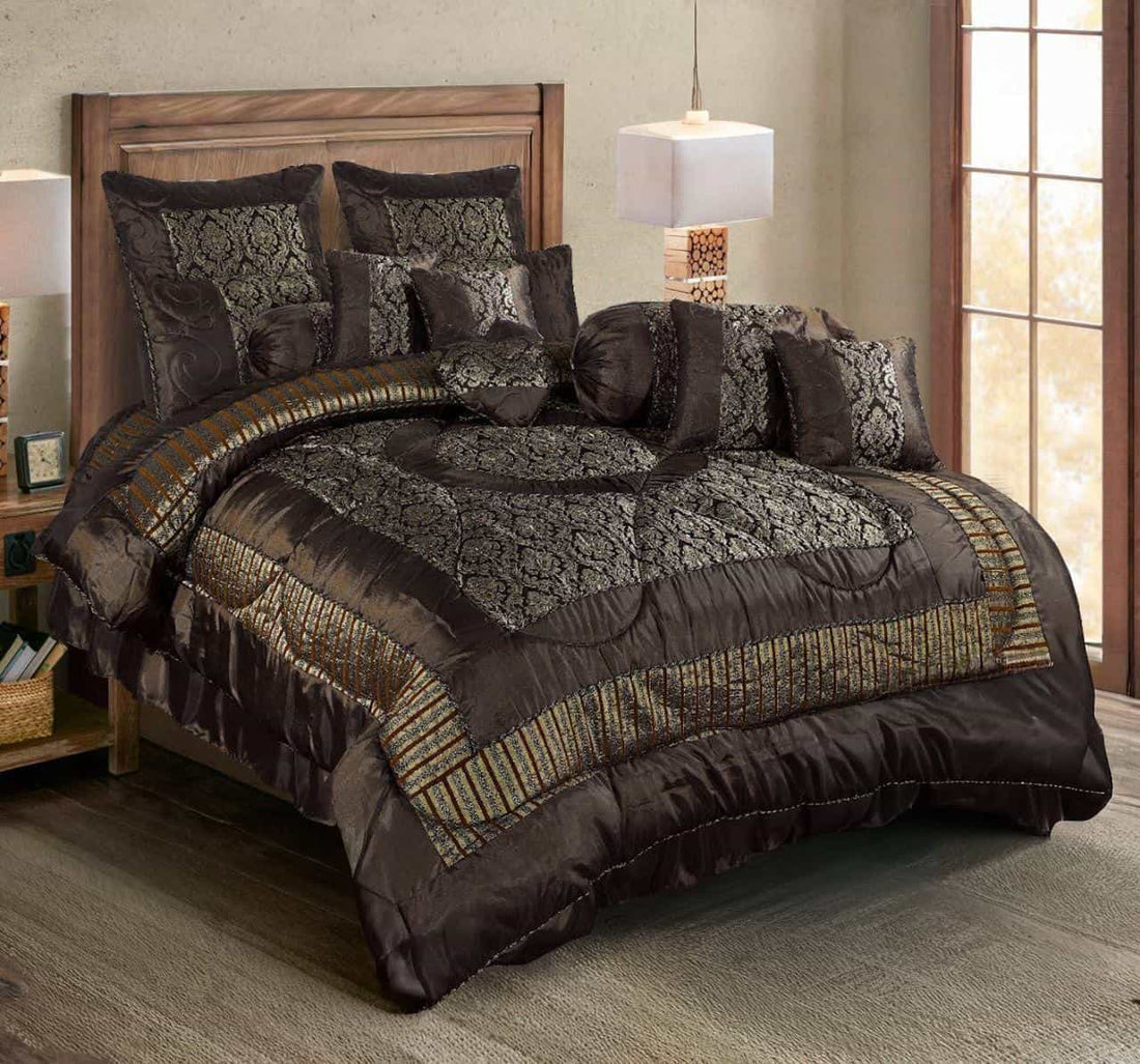 14PC Black &amp; Silver Silk Jacquard Bridal Bedding Set