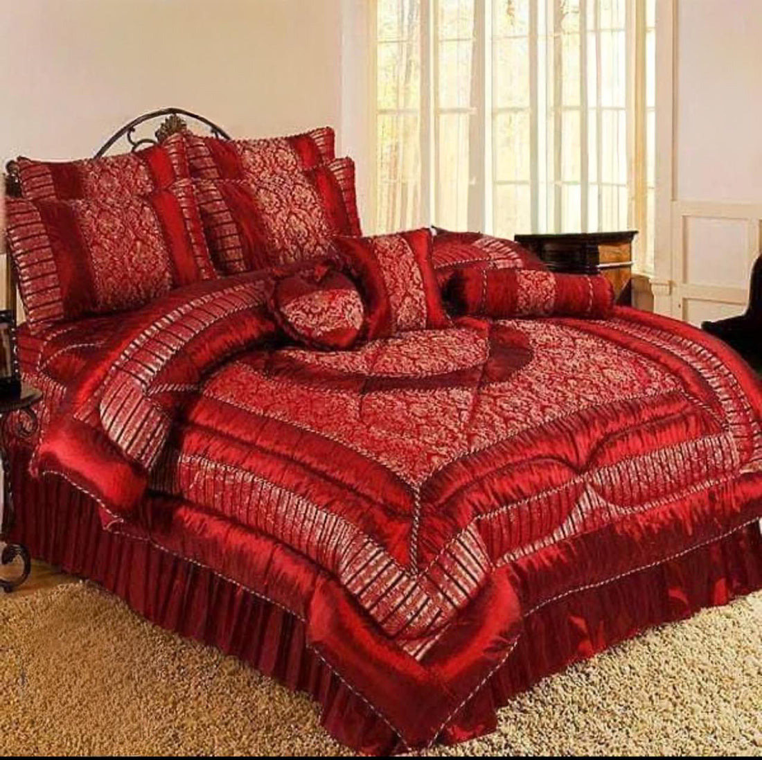 Red 14PC Pink Cream Silk Jacquard Bridal Bedding Set