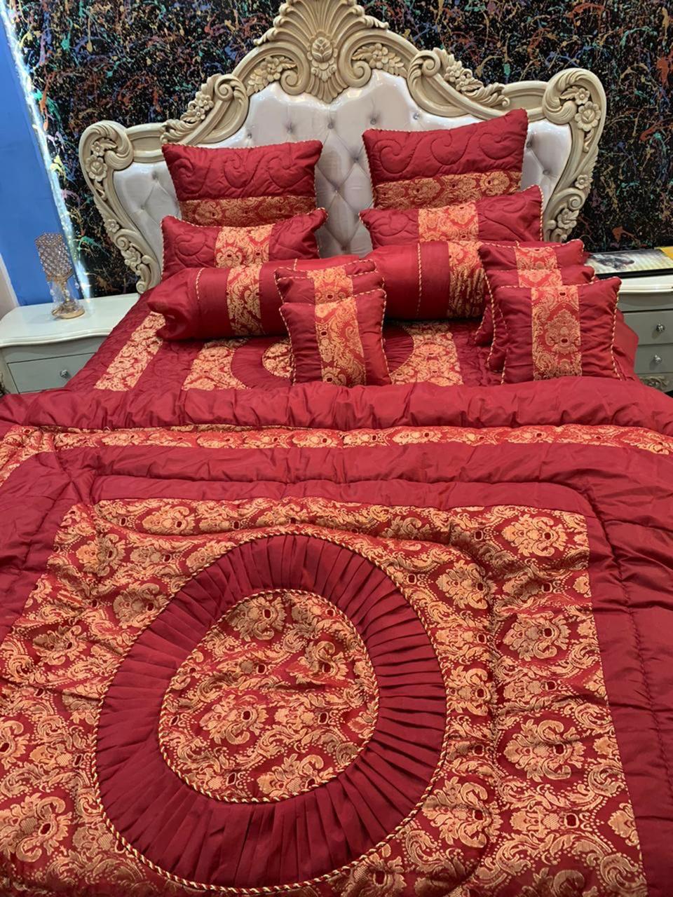 Red 14PC Pink Cream Silk Jacquard Bridal Bedding Set