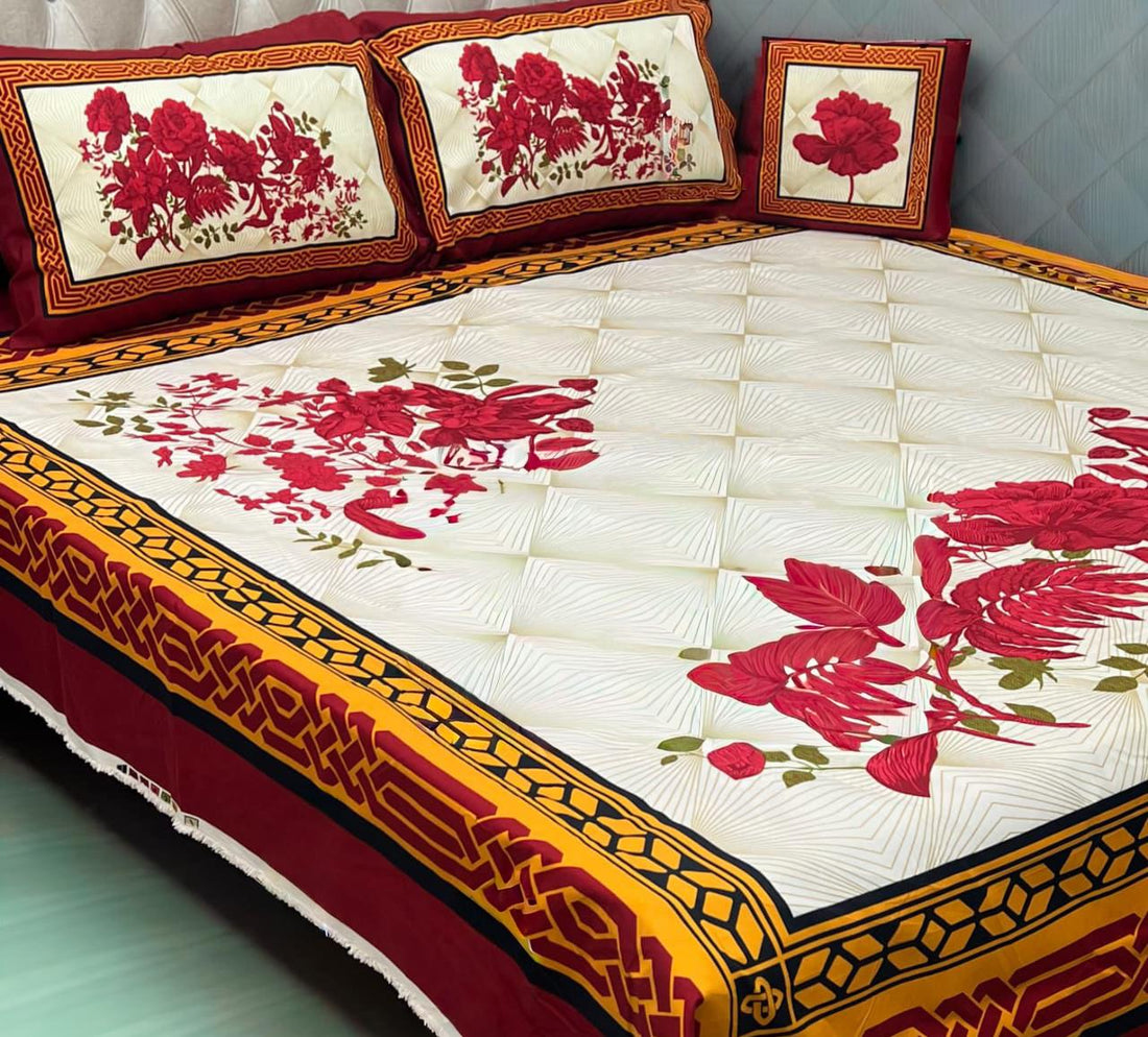 Floral 4-Piece 3D Floral Bed Sheet Set – Red &amp; Gold Elegance