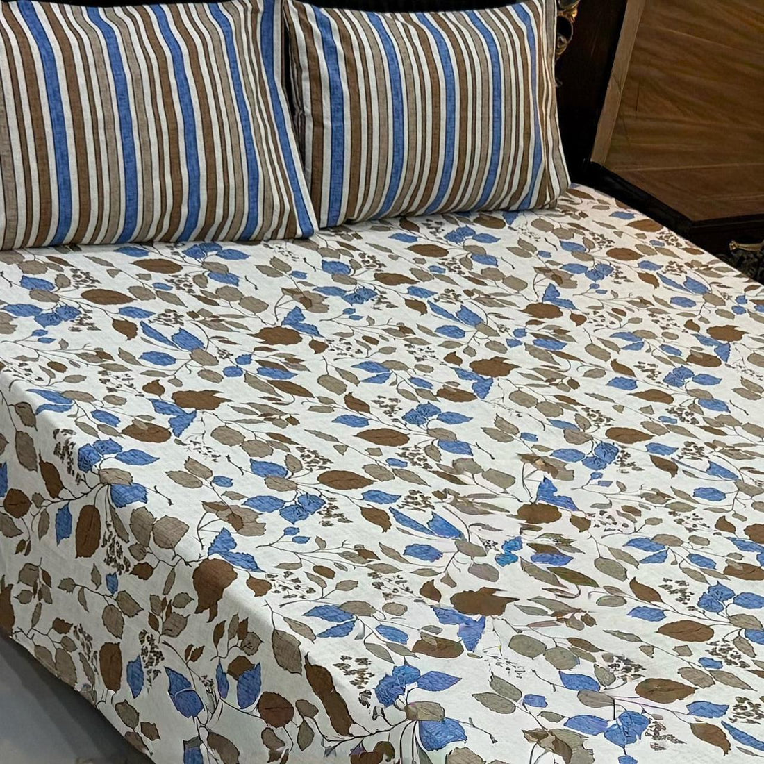 Beige Floral Print Premium Cotton Bed Sheet