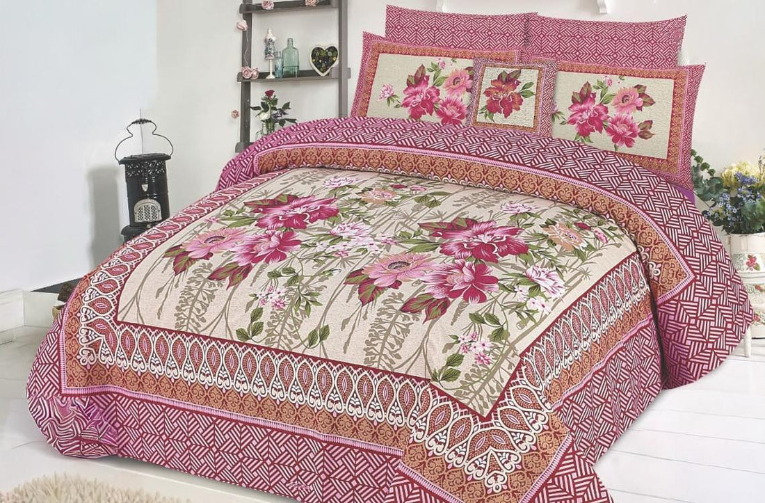 PeaceAura Floral Vine Premium Cotton Bed Sheet with Striped Pillow Covers