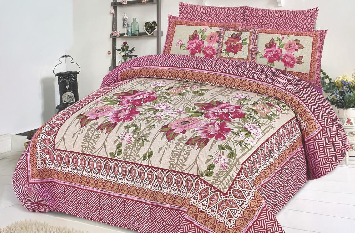 PeaceAura Floral Vine Premium Cotton Bed Sheet with Striped Pillow Covers