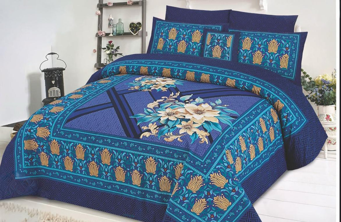 Twilight Calm Blue Floral Striped Premium Cotton Bed Sheet