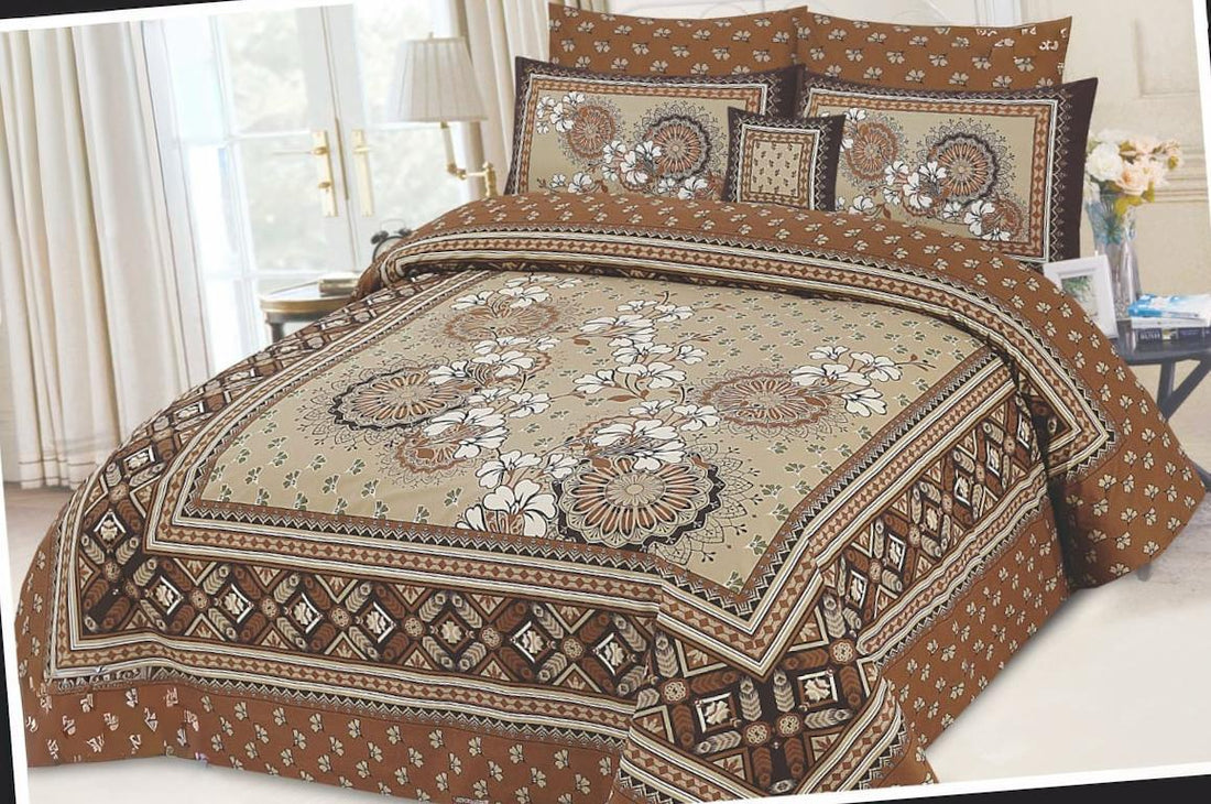 Starlight Luxe Floral Premium Cotton Bed Sheet with Striped Pillow Covers