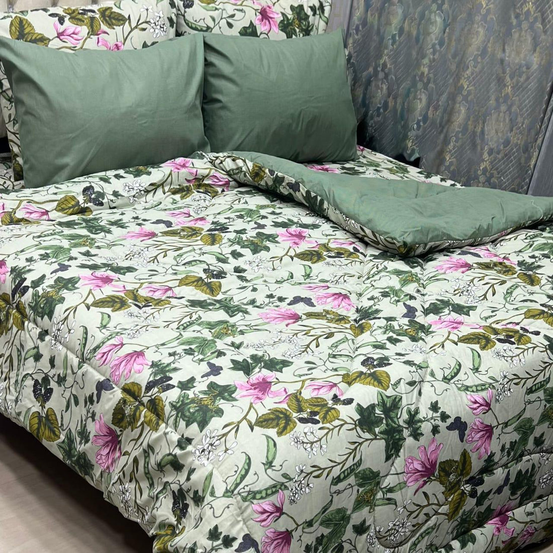 Green floral 100% Pure Cotton 6PC Comforter Set (Vicky Razai Set) –  King Size