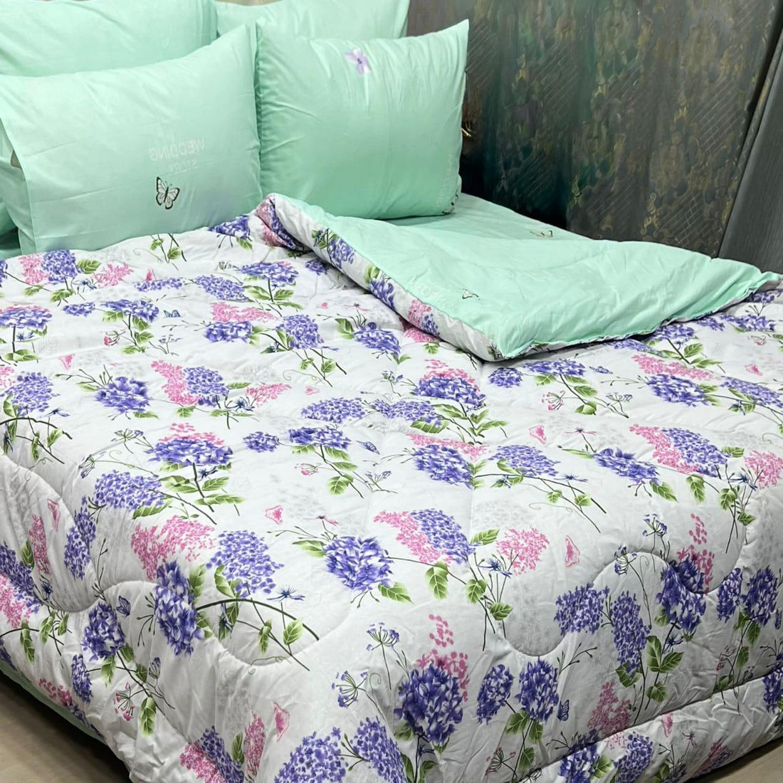 Aqua purple flowers 100% Pure Cotton 6PC Comforter Set (Vicky Razai Set) – King Size