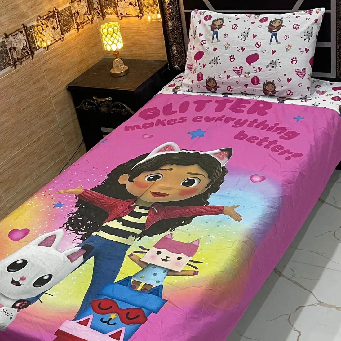 Pink Glitter Gabby – Kids Single Pair Bed Sheet