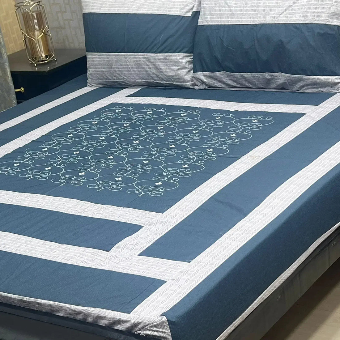 Rustic Blocks Embroidered Patchwork Bedsheet Set