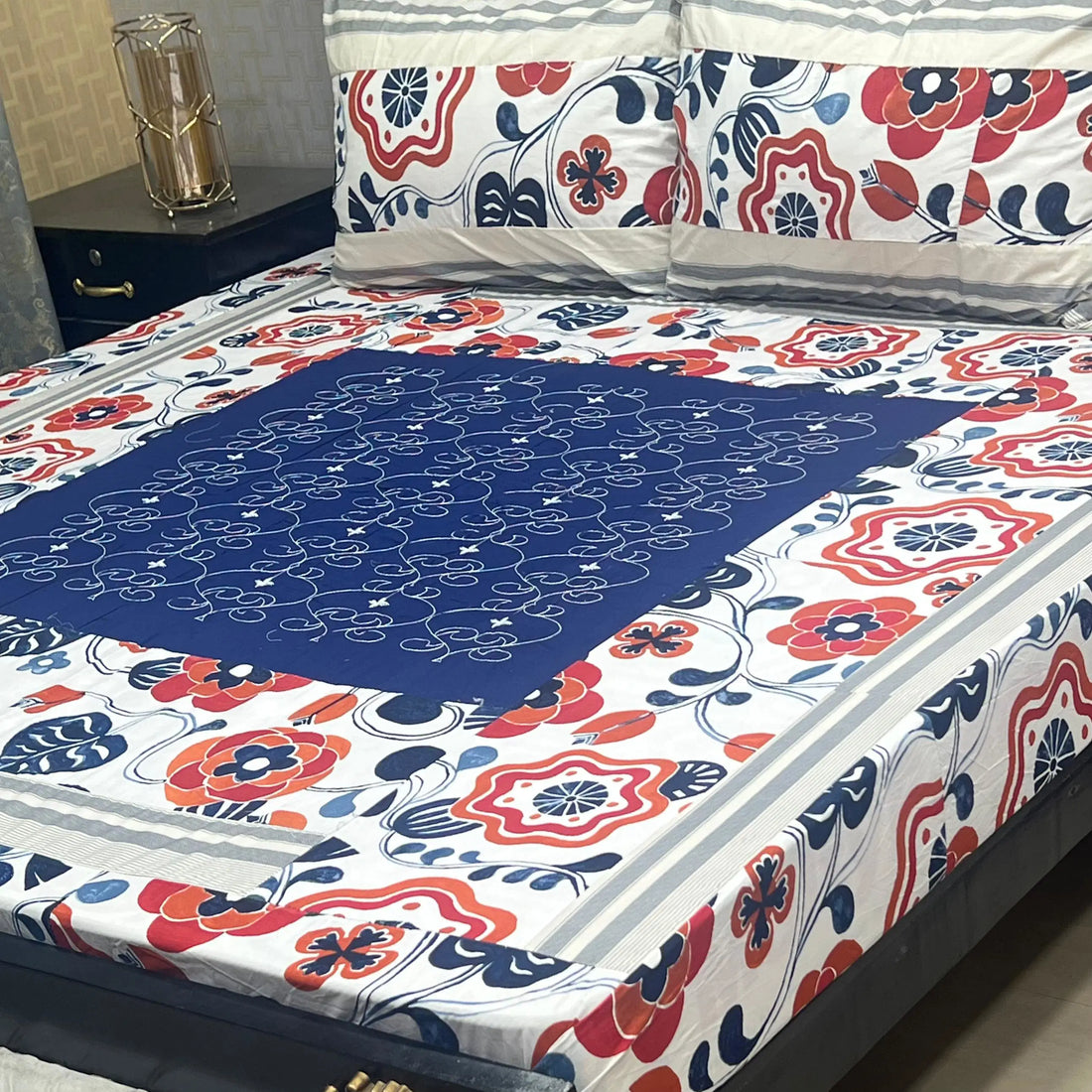 Midnight Elegance Embroidered Patchwork Bedsheet Set