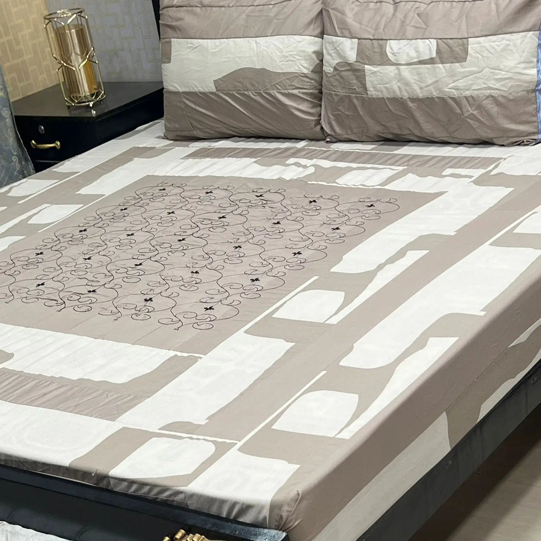 Ivory Geo Embroidered Patchwork Bedsheet Set