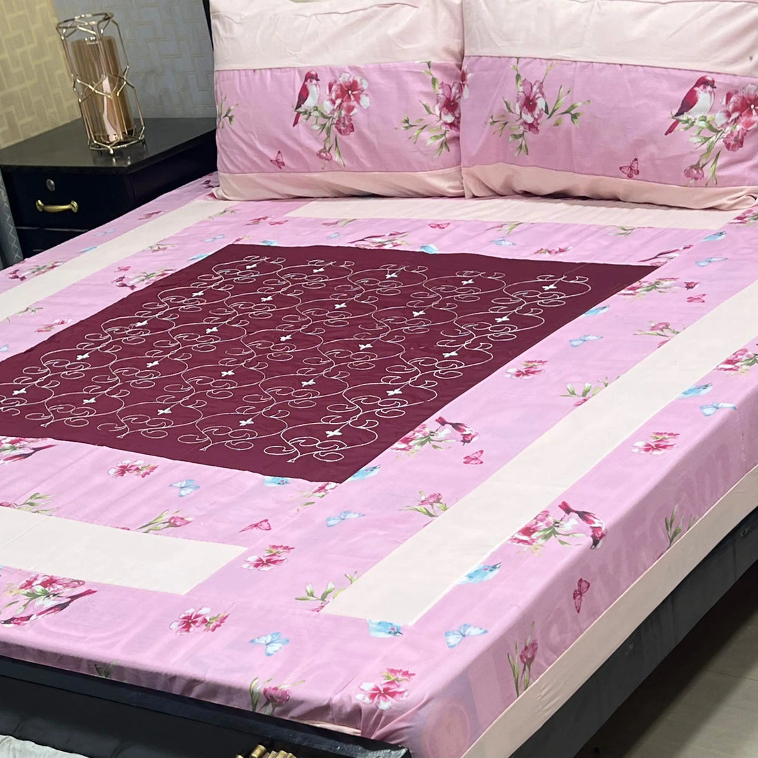 Blush Bloom Embroidered Patchwork Bedsheet Set