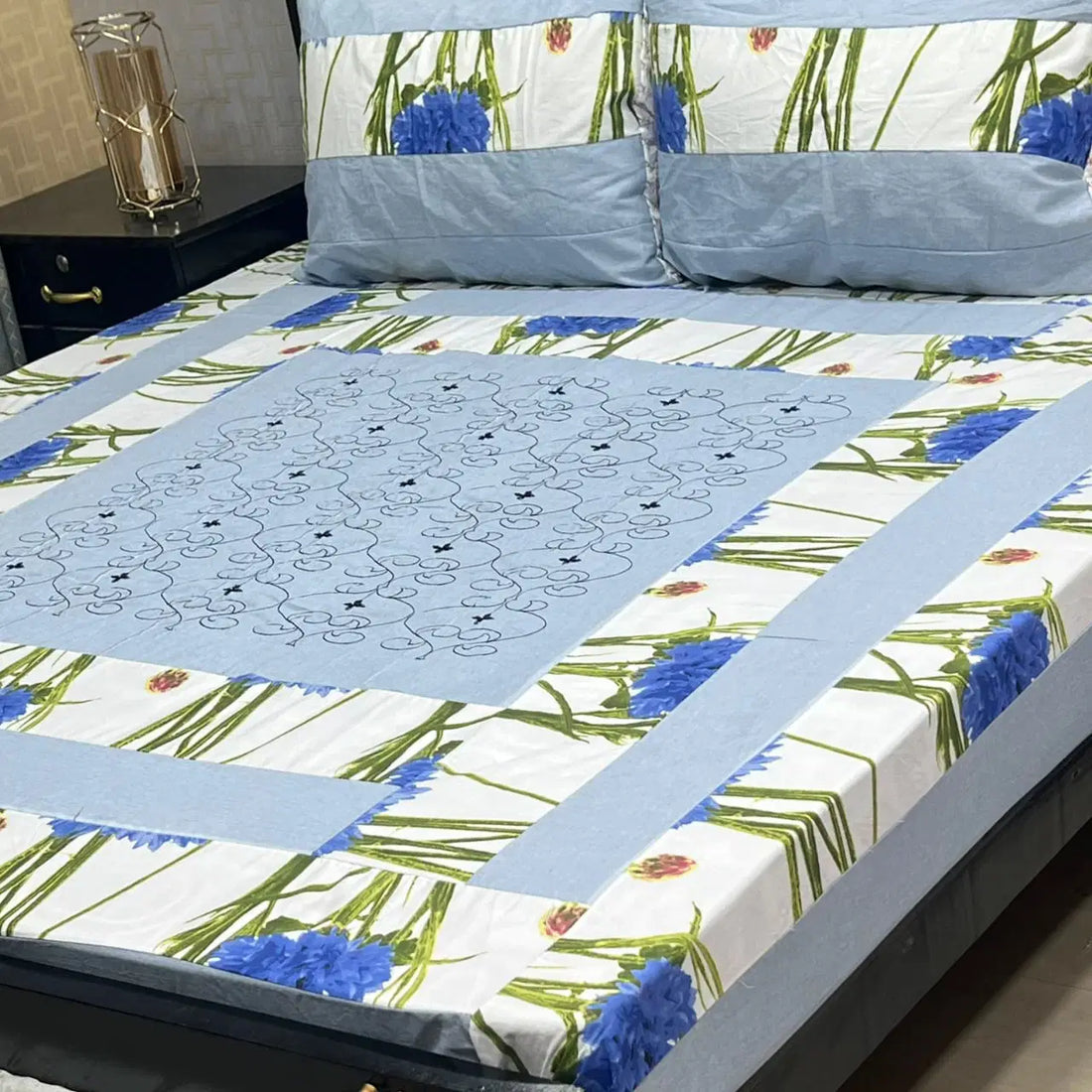 Aqua Blossom Embroidered Patchwork Bedsheet Set