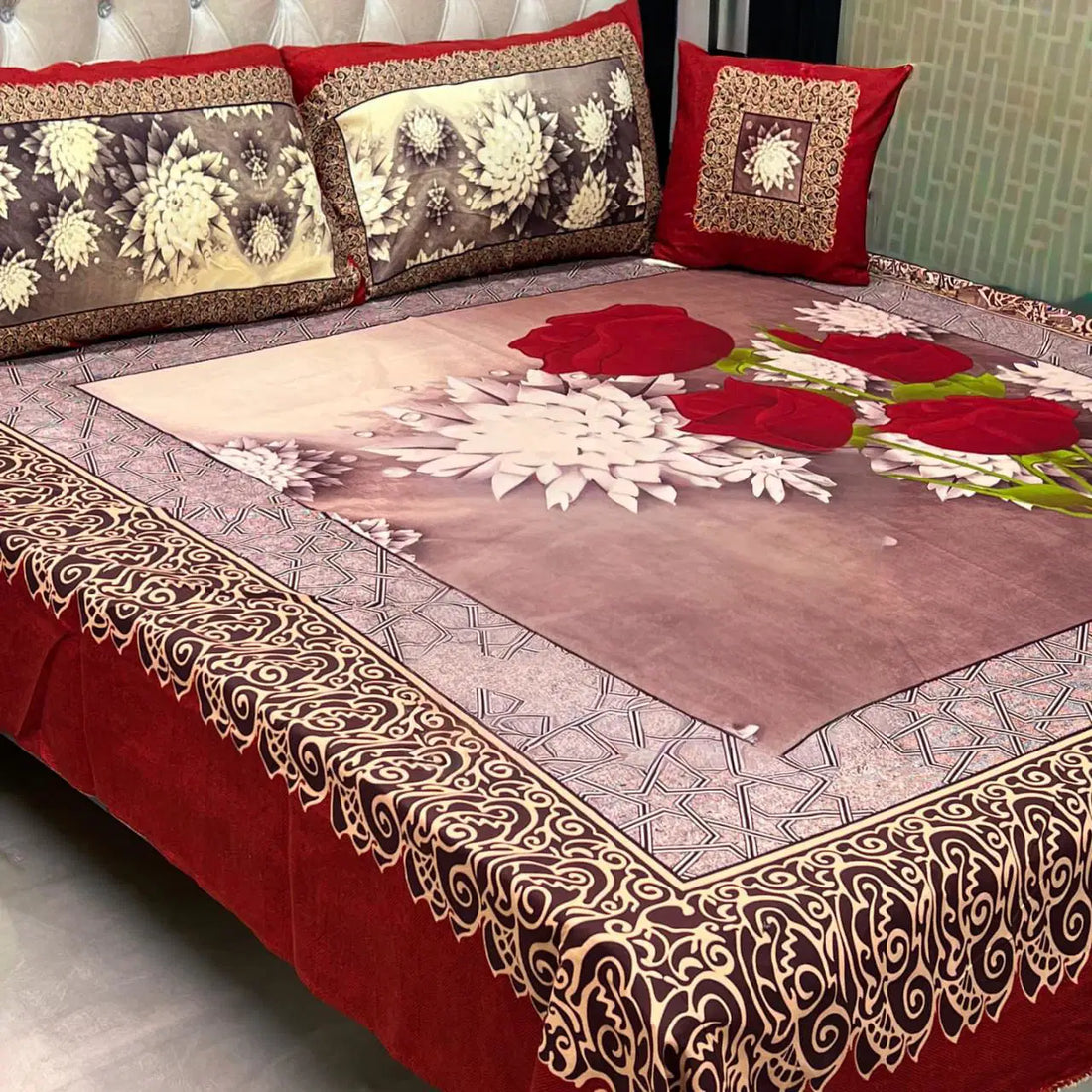 Midnight Red  Bloom – 4-Piece 3D Bed Sheet Set