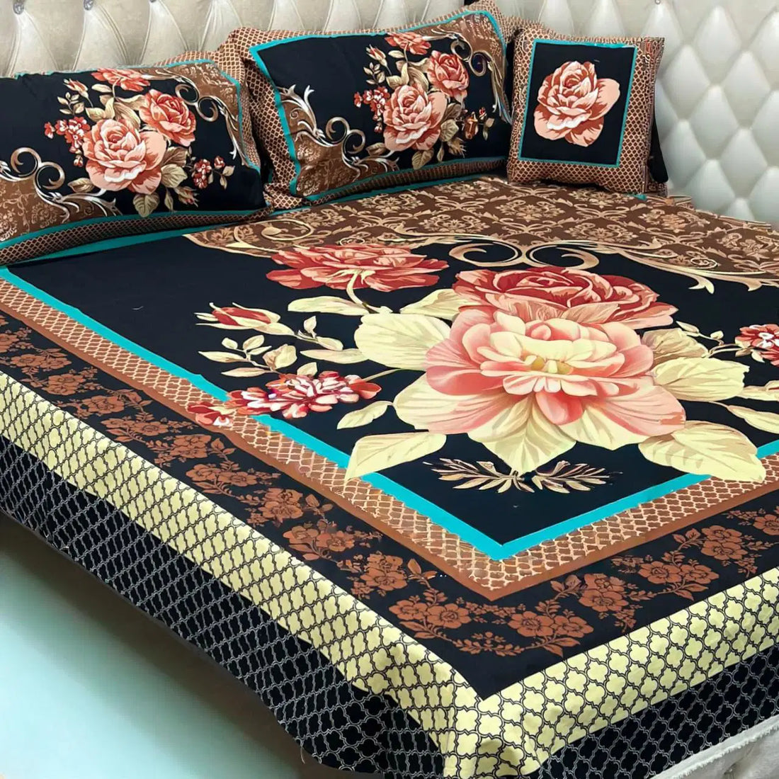 Luxury 4-Piece 3D Floral Bed Sheet Set – Red &amp; Gold Elegance