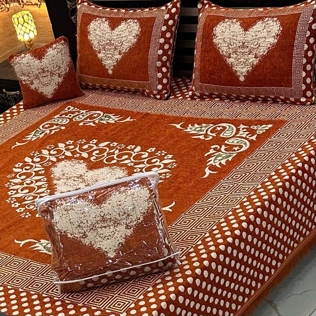 Rust Orange Heart – 4Pc Velvet Jacquard Luxury Bedsheet