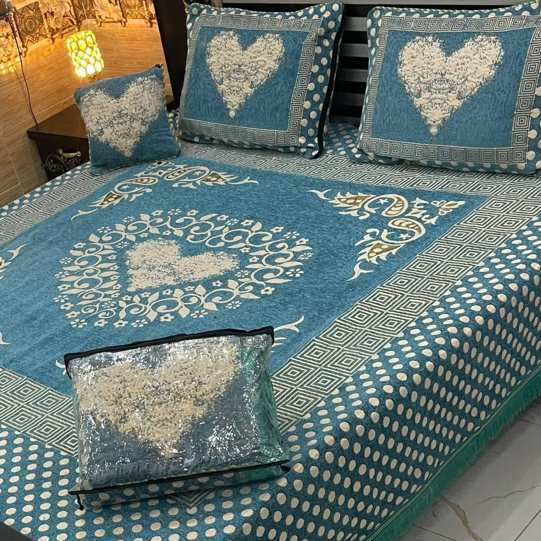Sky Blue Heart – 4Pc Velvet Jacquard Luxury Bedsheet