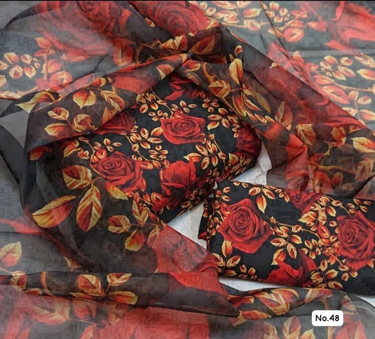 Black Floral Printed Cotton Suit with Vibrant Red Rose Organza Dupatta - Graceful Women's Wear - Fashion Home Store